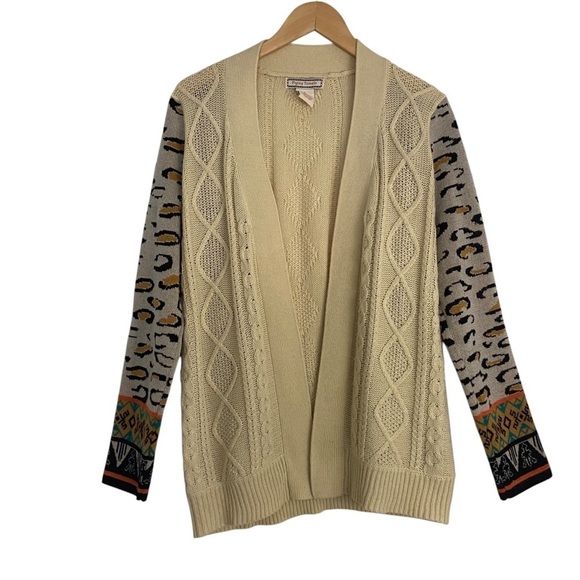 Flying Tomato Cardigan Sweater Ivory Aztec Tribal Leopard Mixed Print Open Sz L - Picture 2 of 11